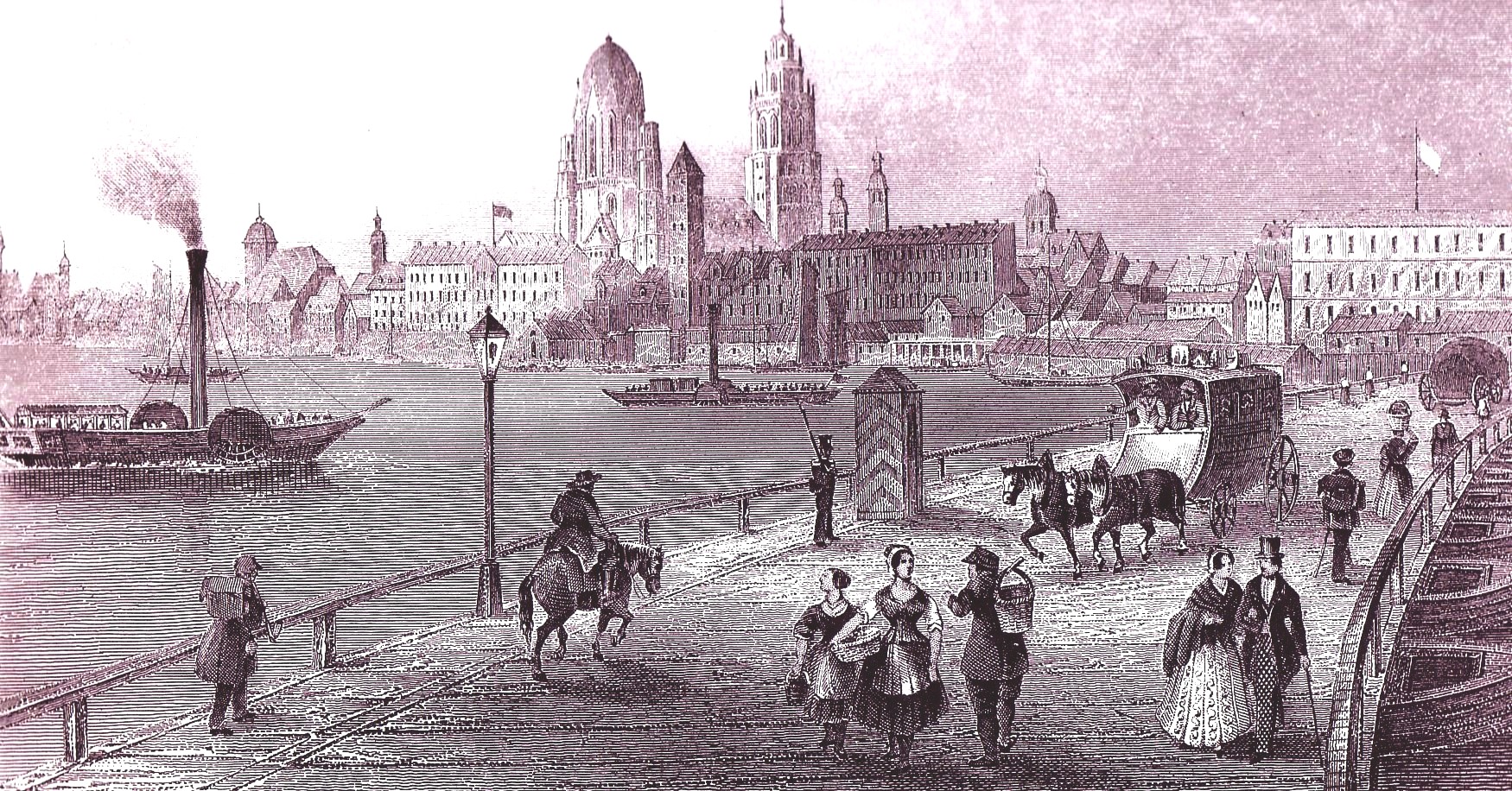 Gemischter Verkehr über eine Pontonbrücke nach Mainz, um 1845
(Quelle: Kalenderblatt, Sammlung Ruppmann)